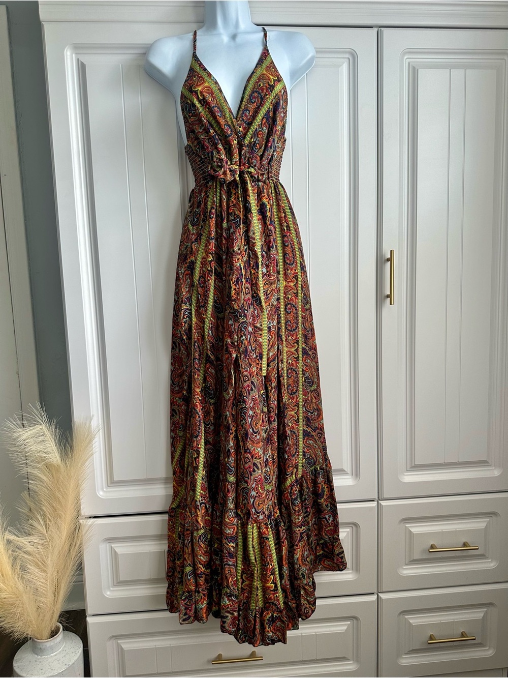Bold & Beautiful 100% Silk Paisley Boho Halter Maxi Dress Fits XS S M NWOT